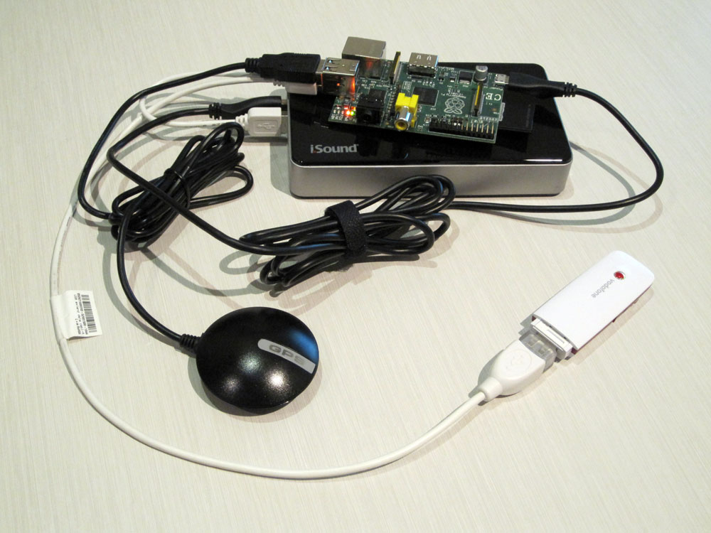 Raspberry Pi with a GPS and 3G dongle attached